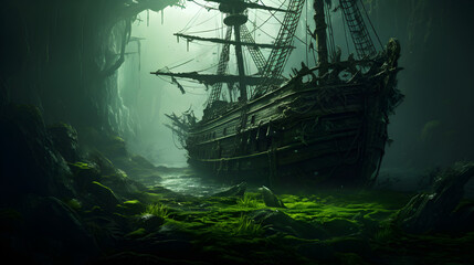 Abandoned pirate sailing ship in a cave. Painting, illustration of an abandoned old sailing pirate ship wreck.