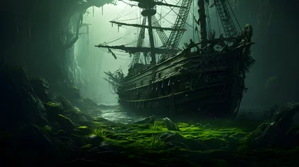 Foto op Canvas Abandoned pirate sailing ship in a cave. Painting, illustration of an abandoned old sailing pirate ship wreck. © Andrei