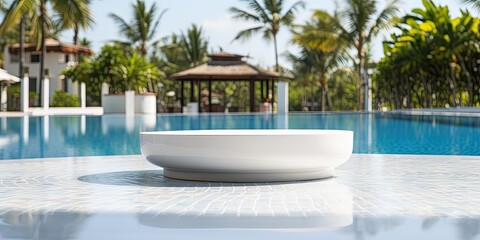 Fototapeta na wymiar White ceramic mosaic table top and swimming pool in tropical resort in summer - for display or product montage.