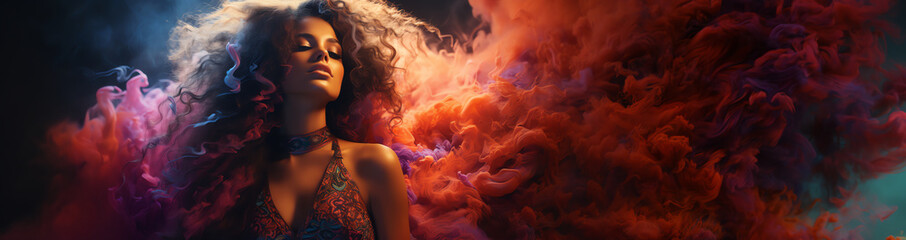 Female model with big, beautiful flowing brown hair in a surround dissolve in neon swirling flowing smoke fog 