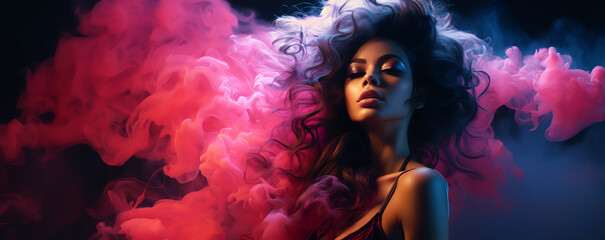 Female model with big, beautiful flowing brown hair in a surround dissolve in neon swirling flowing smoke fog


