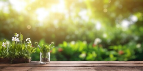 Wooden table displaying products with a lush spring garden backdrop of green grass, leaves, and sunlight.