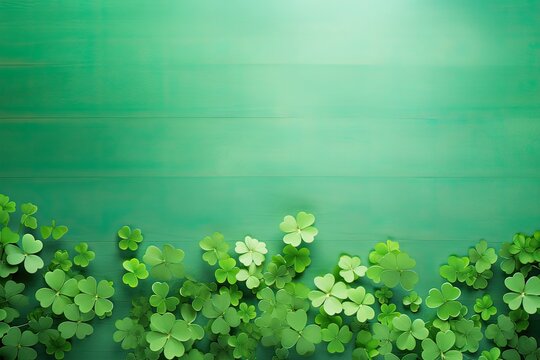 Wooden green table top view background with clovers in the lower margin