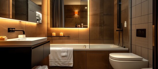 Compact bathroom with atmospheric illumination, bathtub, vanity sink, towel, mirror, toilet, tissue, and enclosed shower.