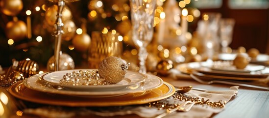 Fototapeta na wymiar Elegant gold-themed decorations for a fine dining table during the holiday season.