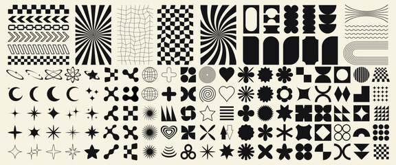 Big vector set of Y2K design elements. Trendy abstract minimalist figures, stars, flowers, circles. Vector illustration - obrazy, fototapety, plakaty