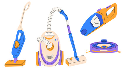 A simple vector illustration of vacuum cleaners of different types. Modern technology in a minimalist style. © Анастасия