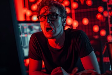 A nerd man crying with Bitcoin red trading graph monitor background. - obrazy, fototapety, plakaty