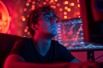 A nerd man crying with Bitcoin red trading graph monitor background.