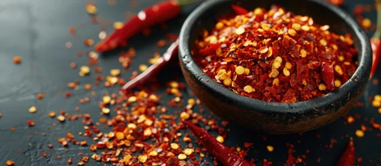 Tuinposter Hete pepers Dry chili pepper flakes, crushed red peppers on black table.