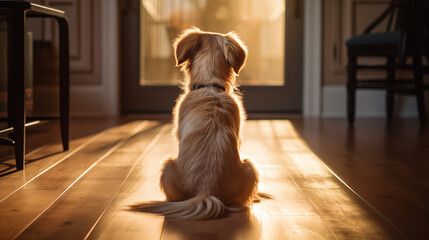 The dog sits at the door and waits for its owner - obrazy, fototapety, plakaty