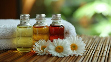Three massage oil bottles on a bamboo mat, complemented by fresh daisies and a fluffy towel, evoke a serene spa ambiance - Powered by Adobe
