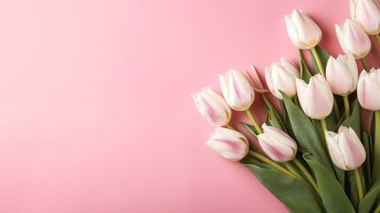 Bouquet of tulips on a pink background, space for text