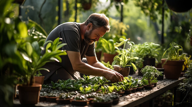 A person tending to a garden in with potted plants, cultivating natural beauty,