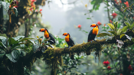 Tropical parrots sitting on a tree branch in the rainforest - obrazy, fototapety, plakaty