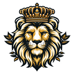 Fototapeta premium Lion Head with crown Logo mascot vector illustration, emblem design isolated on white background