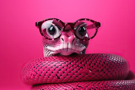 Snake in glasses on pink background. Symbol of the Year 2025. Wisdom, intelligence, education.