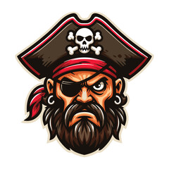 Angry pirate head face with hat and eye patch mascot design vector illustration, logo template isolated on white background