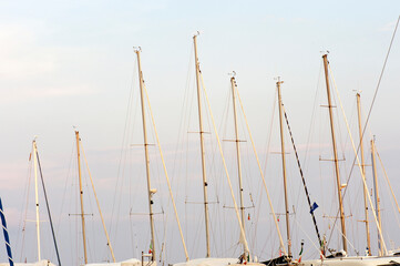 Masts and others standing and running rigging of the ships berthed in the harbor.