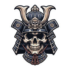 skull head face with samurai helmet design vector illustration. Traditional Japanese culture. Tattoo print. illustration for t-shirt print, fabric and other uses. Isolated on white background