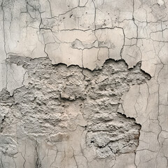 Close-up of a grey grunge wall with cracked plaster and visible bricks