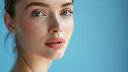 Fototapeta premium Beautiful young woman with fresh clean skin on blue background. Face care, cosmetology, beauty treatment and spa concept.