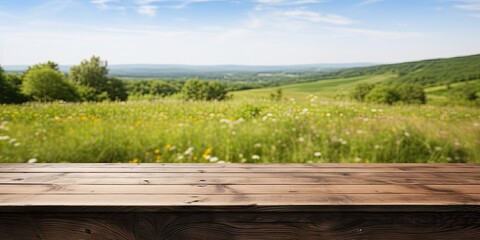 Wooden table with a blurry meadow backdrop.
