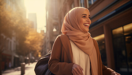 A happy Muslim woman in a hijab walking outside and shopping, evoking the sense of joy 