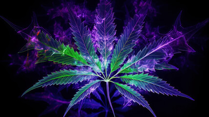 Colored neon large marijuana leaves and hemp buds leaves of flowering cannabis bushes against a bright hallucinogenic psychedelic background
