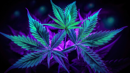 Colored neon large marijuana leaves and hemp buds leaves of flowering cannabis bushes against a bright hallucinogenic psychedelic background