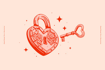 Red forged lock in the shape of a heart and a key to it. A symbol of strong love and marriage. Wedding attribute on a light background. A sign of romantic feelings. Valentine's Day. - obrazy, fototapety, plakaty