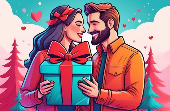 Couple in love giving each other gifts, Love between a man and a woman, Romance, Valentine's Day