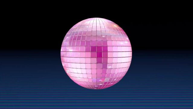 Seamless loop 3d animation  of colorful pink disco ball, isolated on a dark blue background. 