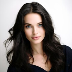 Fototapeta premium young happy long black haired woman posing and looking in camera,white background