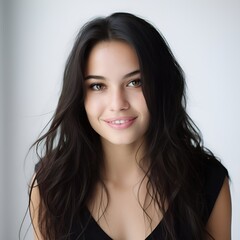 Naklejka premium young happy long black haired woman posing and looking in camera,white background