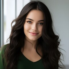 Naklejka premium young happy long black haired woman posing and looking in camera,white background