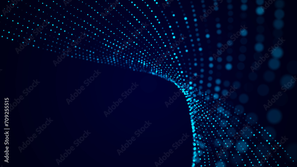 Poster abstract blue background with moving glowing particles. big data. 3d rendering.