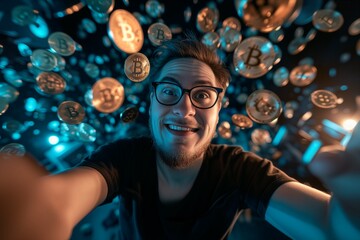 A nerd man happy and hand hanging a Bitcoin. - obrazy, fototapety, plakaty