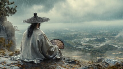 An old chinese man wearing an ancient straw hat, wearing a white Taoist robe and holds a goose feather fan while sitting on top of a mountain and looks into the horizon. heavy raining, landscape shot