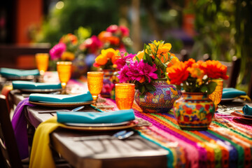Table setting in mexican style. Vibrant tablecloths and colorful flower arrangements. Generative AI