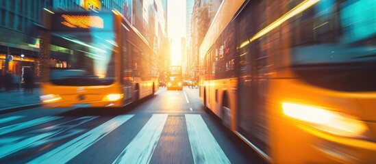 Evening city streets blurred by yellow bus in motion at sunset.