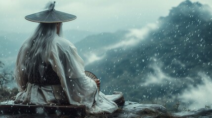 An old chinese man wearing an ancient straw hat, wearing a white Taoist robe and holds a goose feather fan while sitting on top of a mountain and looks into the horizon. heavy raining, landscape shot