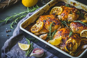 Grilled chicken with butter, lemon and garlic. Generative AI - obrazy, fototapety, plakaty