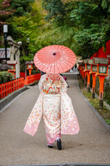 Japanese Female Kimono Portrait back view photography. Kyoto, Japan. Traditional oil paper umbrella.