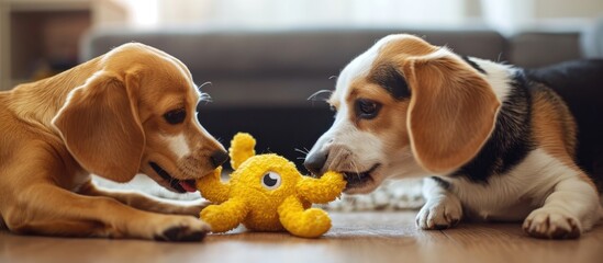 Indoor fun: Beagle and Spitz Klein dogs fight over a yellow octopus toy.