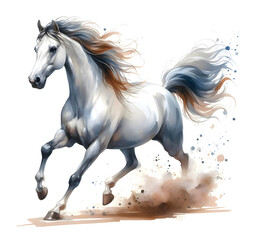 Horse. Watercolor. A thoroughbred white horse is gallop. The mane and tail develop beautifully. Banner. Close-up. Generative AI