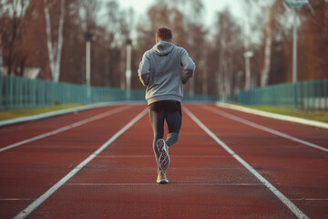 Obraz premium Back view of man runs on a track. Jogging concept at outdoors. Generative AI