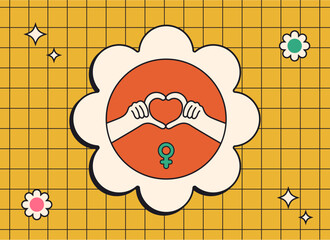 International Women's Day 2024 campaign #InspireInclusion. Inside the flower, the hands gesture a heart and a Woman’s sign —the design elements for posters, cards, brochures, web, and social media.