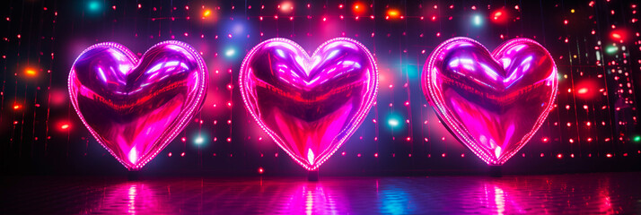 Valentine's Day and Love concept. Neon background in a 90s vintage shiny disco. Shape heart disco ball. Digital festive art for poster, template, flier, banner or design element.