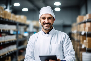 Satisfied chef with a tablet in a warehouse or large kitchen.